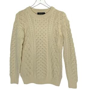 IrelandsEye Knitwear Cableknit Vigin Wool Sweater M Beige Chunky Fisherman